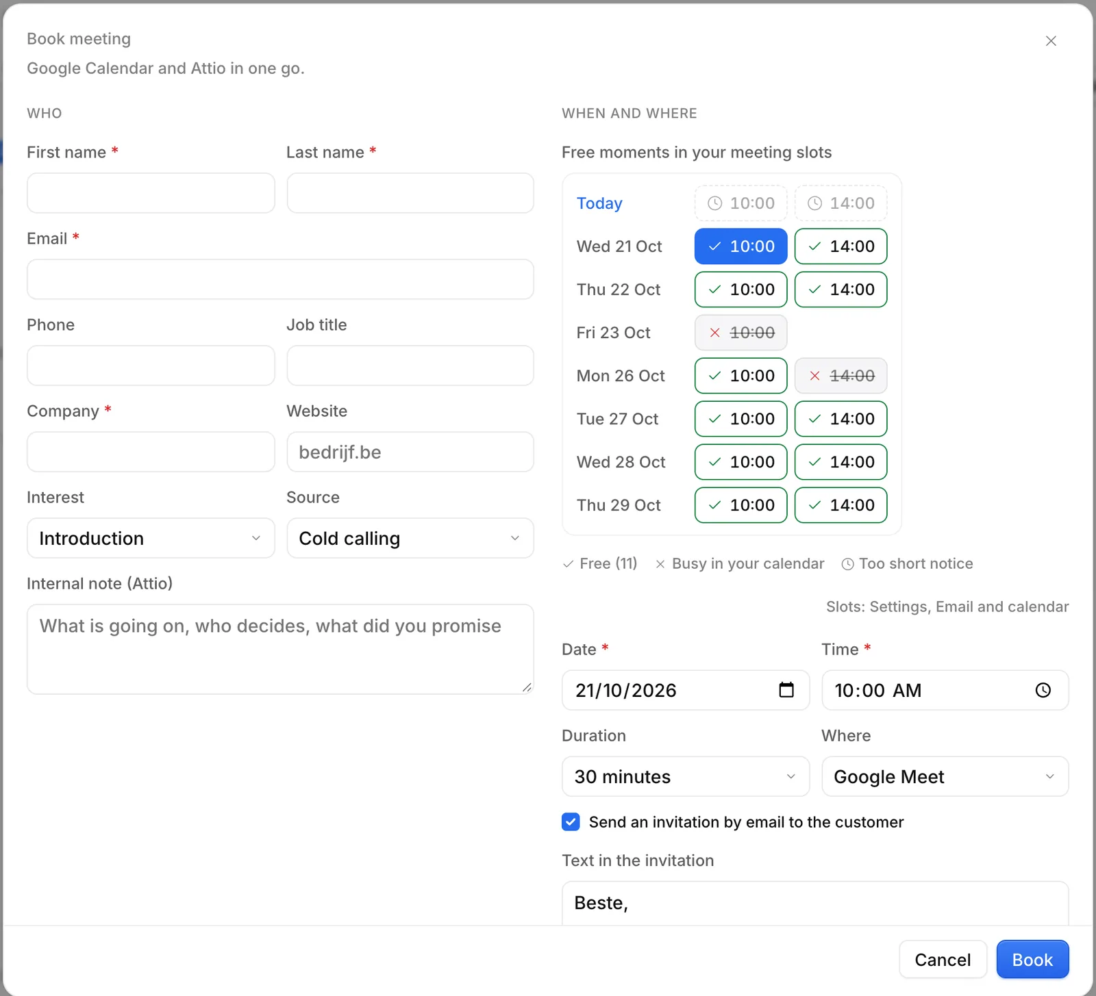 The Ringlane booking window with free meeting slots from Google Calendar.