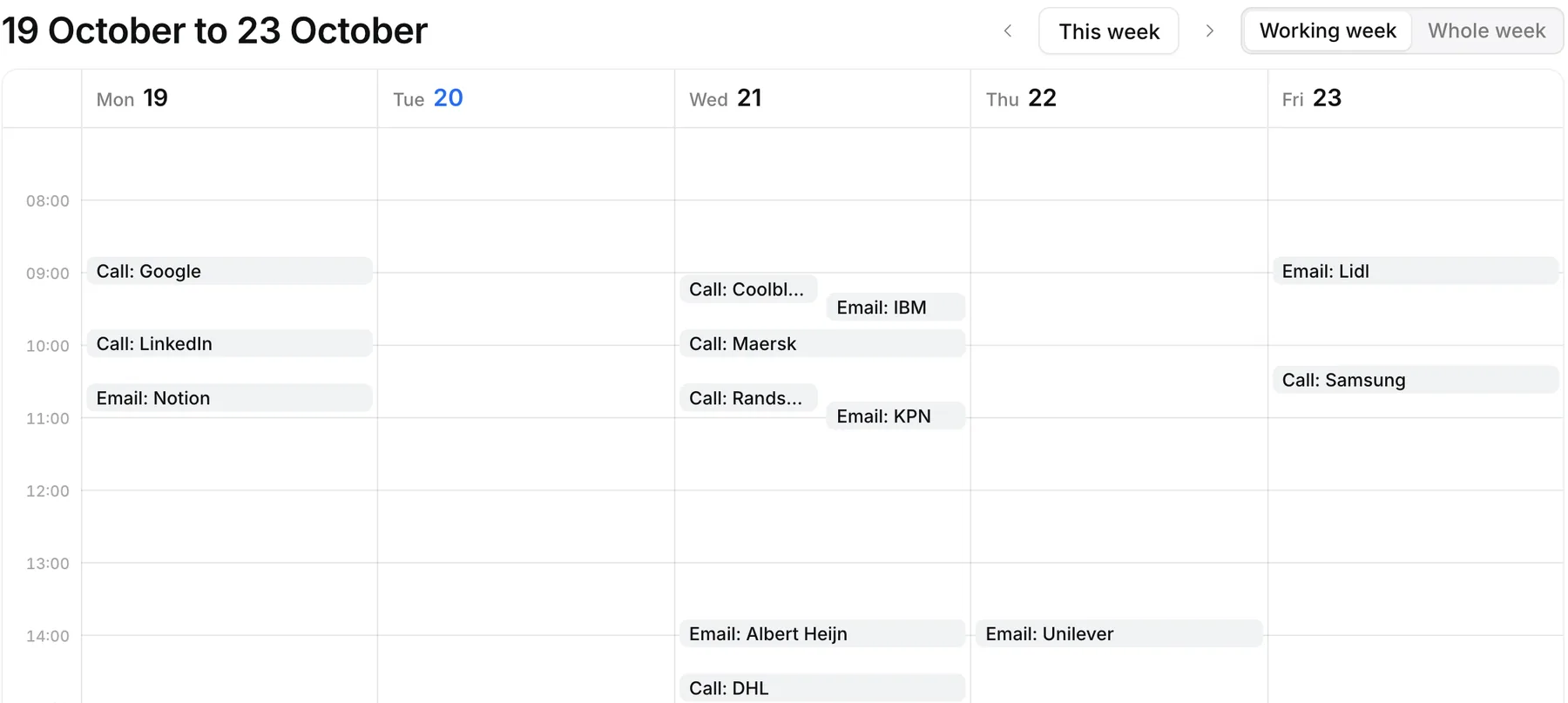The Ringlane calendar week with planned calls and emails per company.