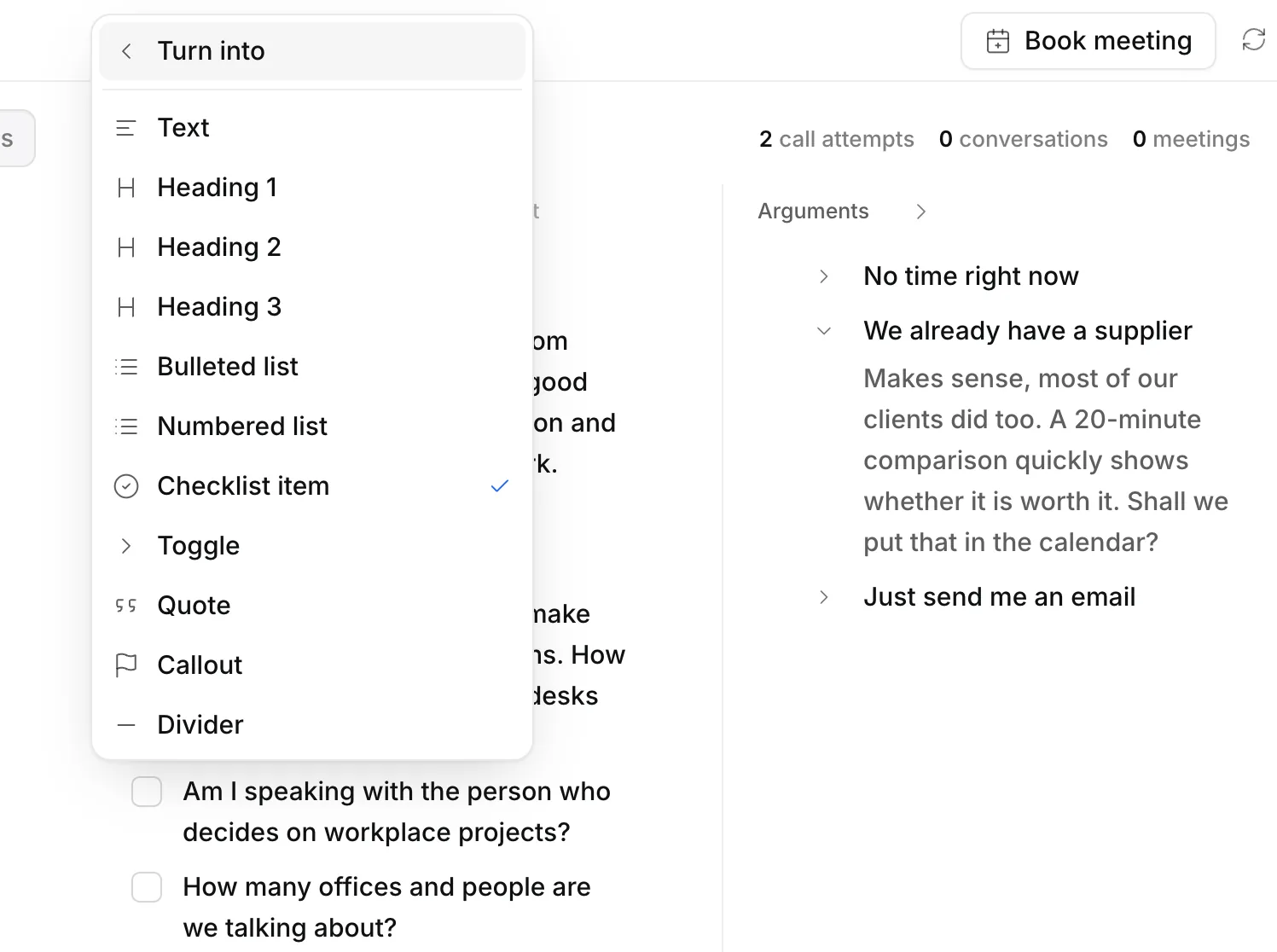 The Ringlane script editor with its block menu: text, headings, lists, checklist, toggle, quote, callout and divider.