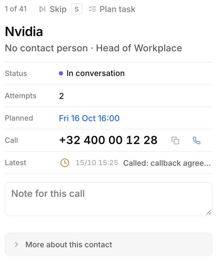 The lead card in Ringlane with the phone number to click.